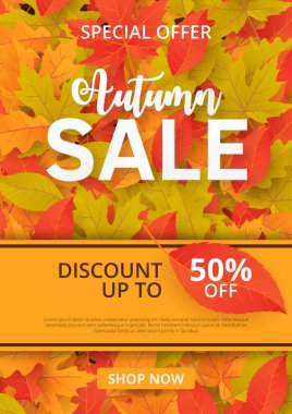 Sonbahar indirimli yapraklı pankart. Alışveriş satışı, tanıtım afişi, afiş, el ilanı, davetiye, internet sitesi veya tebrik kartı olarak kullanılabilir. Vektör illüstrasyonu