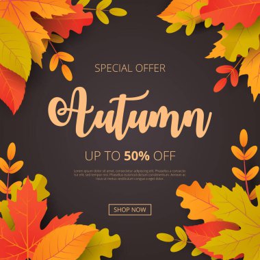 Sonbahar indirimli arka planda yapraklar. Alışveriş satışı, tanıtım afişi, afiş, el ilanı, davetiye, internet sitesi veya tebrik kartı olarak kullanılabilir. Vektör illüstrasyonu