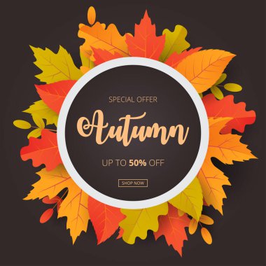 Sonbahar indirimli arka planda yapraklar. Alışveriş satışı, tanıtım afişi, afiş, el ilanı, davetiye, internet sitesi veya tebrik kartı olarak kullanılabilir. Vektör illüstrasyonu