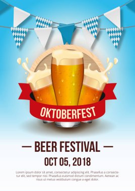 Oktoberfest arka plan resmi. Taze bira, simit ve sosisli. Vektör İllüstrasyonu
