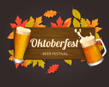 Oktoberfest arka plan resmi. Taze bira, simit ve sosisli. Vektör İllüstrasyonu