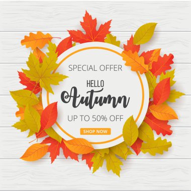 Sonbahar indirimli arka planda yapraklar. Alışveriş satışı, tanıtım afişi, afiş, el ilanı, davetiye, internet sitesi veya tebrik kartı olarak kullanılabilir. Vektör illüstrasyonu