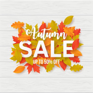 Sonbahar indirimli arka planda yapraklar. Alışveriş satışı, tanıtım afişi, afiş, el ilanı, davetiye, internet sitesi veya tebrik kartı olarak kullanılabilir. Vektör illüstrasyonu
