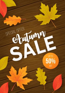 Yapraklı sonbahar indirimi posteri. Alışveriş satışı, tanıtım afişi, afiş, el ilanı, davetiye, internet sitesi veya tebrik kartı olarak kullanılabilir. Vektör illüstrasyonu