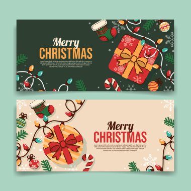 Hediyeler ve Şenlik Dekorasyonlarla Mutlu Noeller Kartı. Vektör İllüstrasyonu