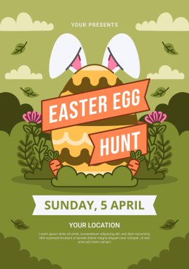 Büyük Tavşan Kulaklı Paskalya Yumurtası Avlama Macerası Pilotu. Vektör İllüstrasyonu