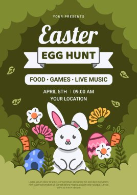 Sevimli Tavşan ve Çiçekli Paskalya Yumurtası Avı Posteri. Vektör İllüstrasyonu