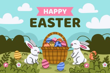 İki Tavşan ve Yumurta Sepeti ile Mutlu Paskalya Bayrağı. Vektör İllüstrasyonu