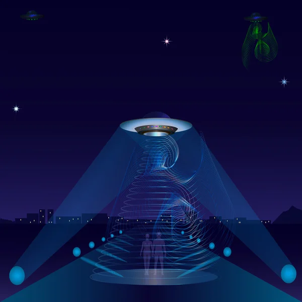 UFO alien ship night city road spotlights — Stock Vector