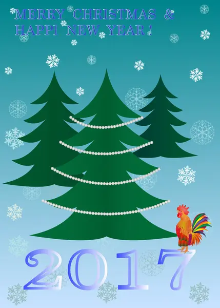 公鸡一年新的一年圣诞树矢量卡 — 图库矢量图片