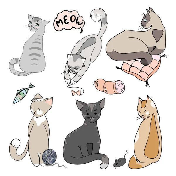 Zabawny zestaw kotów. Zbiór uroczych znaków.Ilustracja wektora — Wektor stockowy