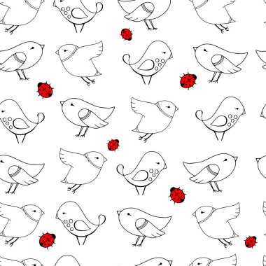 Komik kuşlar ve uğur böcekleri vektör illüstrasyonlu kusursuz desen. Poster ya da kapak için arka plan. Tekstil çizimi.