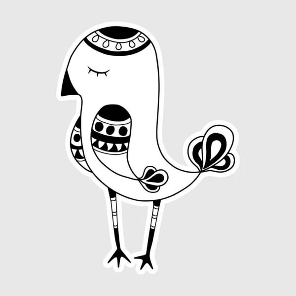 Oiseau caniche dans un style folklorique. Noir et blanc, illustration monochrome — Image vectorielle