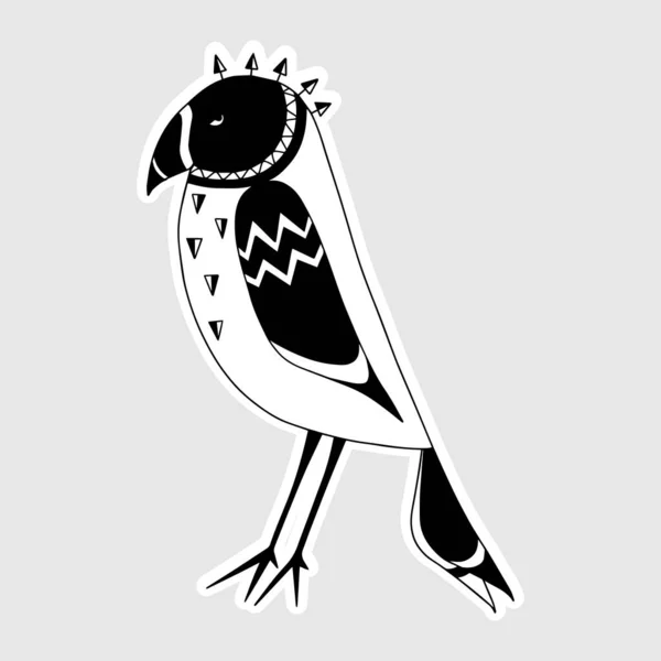 Uccello Doodle in stile folk. Bianco e nero, illustrazione monocromatica — Vettoriale Stock