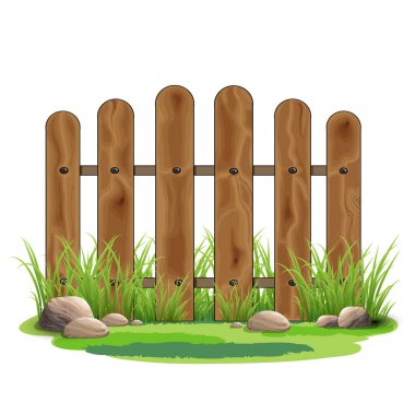 Tahta çitler, beyaz arka planda çimenler ve taşlar. Vektör illüstrasyonu