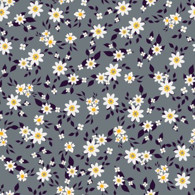 Gri bir arka planda, küçük, sevimli, küçük çiçeklerdeki kusursuz desen.
