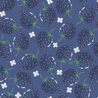 Mavi arka planda, pürüzsüz desenli çilekler. Paketleme, kumaş, duvar kağıdı, tekstil üzerine baskı. Vektör illüstrasyonu.