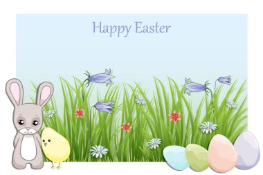 Tavşan, tavuk, bitki, çiçek ve renkli yumurtalarla mutlu Paskalya tebrik kartları.