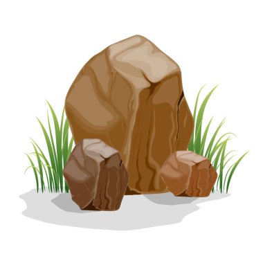 Çimenli kahverengi kayalar, beyaz arka planda doğal manzara vektörü illüstrasyonu. Oyun için yapı, tasarım ögesi, kaya.