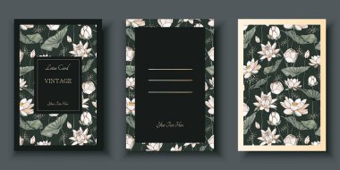 Nilüfer çiçekli vektör kartı ve altın çerçeveli koyu bir arkaplanda yapraklar. Tebrik kartı, düğün davetiyesi, parti, kapak, afiş için tasarım şablonu