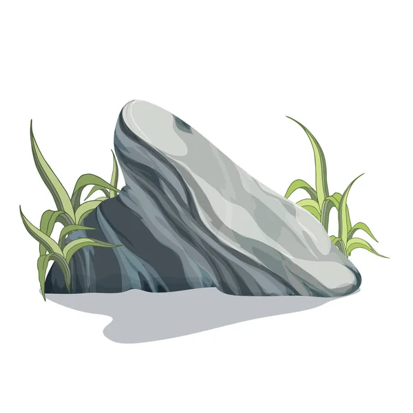 Rotsen en stenen op groen gras, natuurlijk landschap. Vector illustratie op een witte achtergrond. Cartoon rock met mos en gebladerte — Stockvector