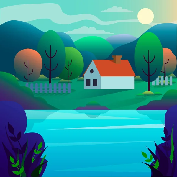 Hus på en äng vid sjön. Bergslandskap med ett litet hus i skogen nära sjön. Landskap i stil med platt. Vektorillustration. — Stock vektor