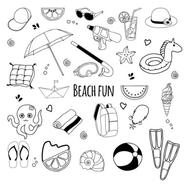 Yaz Sahili Eğlence Karalamaları. Yaz tatili ikonları set, seyahat, parmak arası terlikler, dondurma, kabuk, top, içecek, havlu, su tabancası, güneş gözlüğü, şemsiye, ahtapot, şapka.
