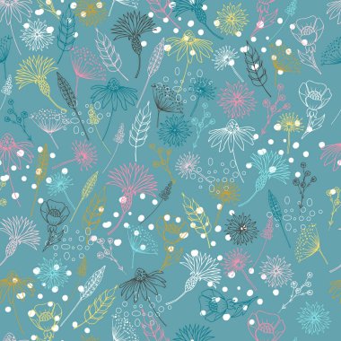 Yaprakları, çiçekleri ve bitki dalları olan çiçek desenli vektör. Canlı botanik geçmişi. Yüzey tasarımları, kumaşlar, ambalaj kağıtları ve diğer tasarımlar için modaya uygun renklerde botanik baskılar