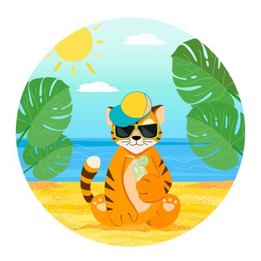 Yaz tatilindeki sevimli kaplan. Kokteylli, güneş gözlüklü komik bir karakter. Mesajlı tebrik kartı. Yaz Vektör illüstrasyonunun tadını çıkar. Kart ya da afiş, poster, tasarım için, yazdırma