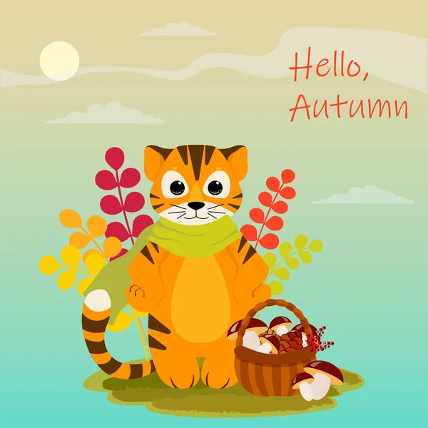 Cute tiger with a basket of mushrooms and cones. Hello, Autumn. Postcard with lettering and autumn background. Symbol of the year. Vector illustration — 图库矢量图片
