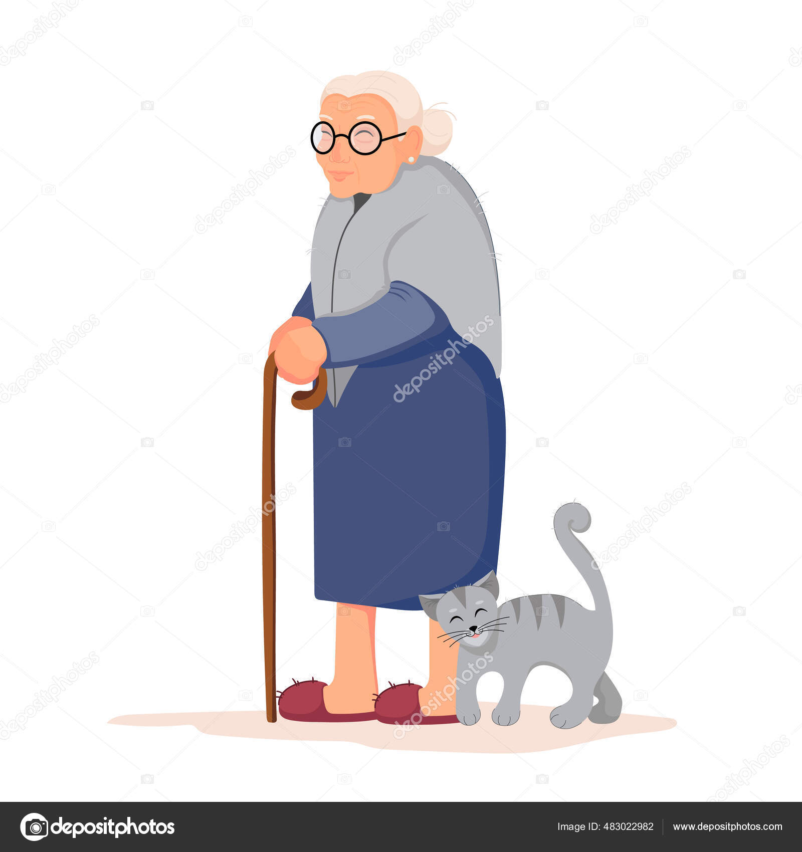 Image vectorielle Une vieille mamie avec des lunettes, une canne dans ses  mains et un chat mignon. Illustration vectorielle de bande dessinée en  style plat. Femme plus âgée, vieille dame, grand-mère, retraité,, image size:1600x1700