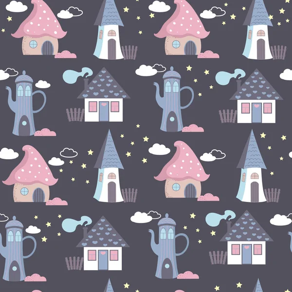 Płynny wzór z cute bajki domów i gwiazd. Piękny druk z cute magiczne domy na ciemnym tle nocy. Do tekstyliów, wzorów papieru, tkanin. — Wektor stockowy