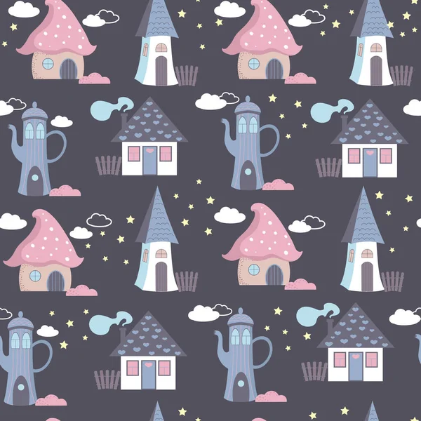 Seamless pattern with cute fairy houses and stars. Beautiful print with cute magic houses on a dark night background. For textiles, paper design, fabrics.