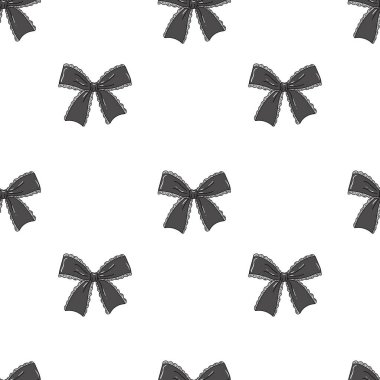 Beyaz arka planda dantelli siyah fiyonklarda zarif, pürüzsüz bir desen. Moda tekstili, ambalaj kağıdı, hediye paketi, kırtasiye ve romantik temalı projeler için mükemmel bir tasarım.