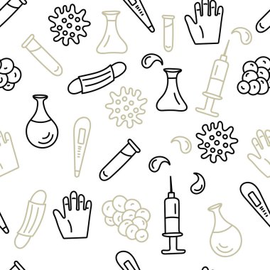 Kusursuz Coronavirus desenli el yapımı Doodle çizimi. Karantina, salgın, önleyici önlemler, aşılar. Vektör arkaplanı,