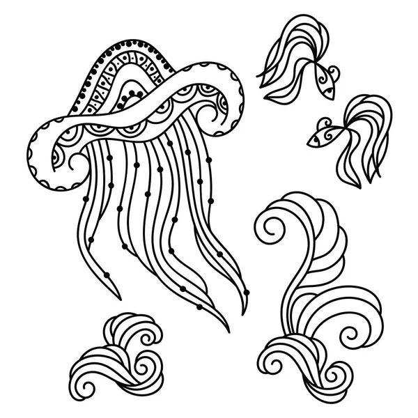 Páginas Para Colorear Para Adultos Niños Medusas Vectoriales Dibujadas Mano — Vector de stock