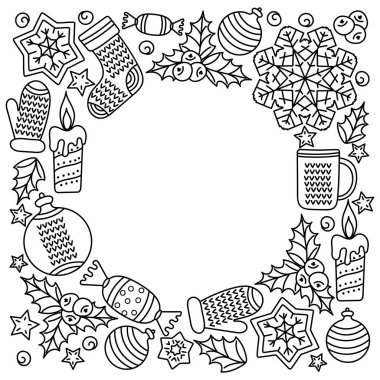 Tatlı Doodle 'ın eli kış çerçevesini çizmiş. Çocuklar için boyama kitabı. Tek renkli vektör çizimi. Kış tatili temalı bir eskiz. Noel ya da yeni yıl kompozisyonu. Metin için alanı kopyala