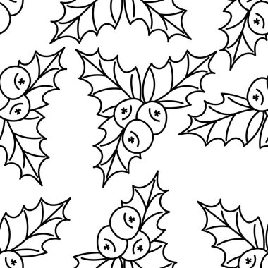 Holly yaprakları ve böğürtlenler pürüzsüz. Tatil paketleri, masa örtüsü, peçeteler. El çizimi Monokrom vektör arkaplanı.