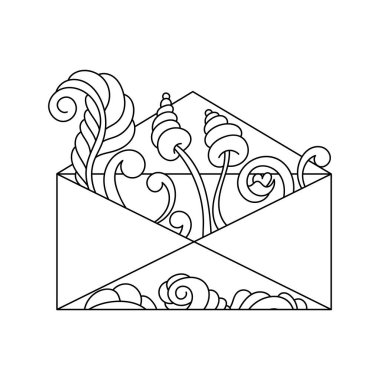 Çocuklar için boyama kitabı, peri bitkileriyle dolu bir zarf. Elle çizilmiş siyah-beyaz çizim,