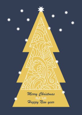 Etnik soyut desenli elle çizilmiş Noel ağacı. Yetişkinler ve çocuklar için boyama sayfası. Mutlu Noeller, mutlu yıllar - mesaj. Vektör illüstrasyonu