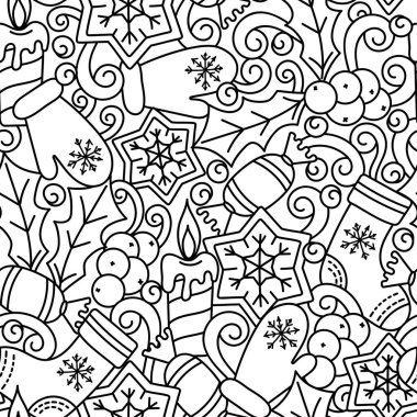 Boyama kitabı. El çizimi şirin Doodle Yeni Yılı, kusursuz Noel deseni. Tatil teması. Siyah ve Beyaz Vektör kusurlu illüstrasyon.