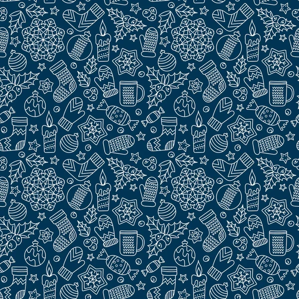 Nahtlose Muster Winterskizzen Handgezeichnete Niedliche Kritzeleien Neujahr Weihnachten Vector Blau — Stockvektor