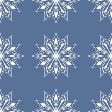 El çizimi kar taneleri, pürüzsüz desenler, kış arkaplanı. Noel için, kumaş, duvar kağıtları. Vektör çizimi. Beyaz ve mavi