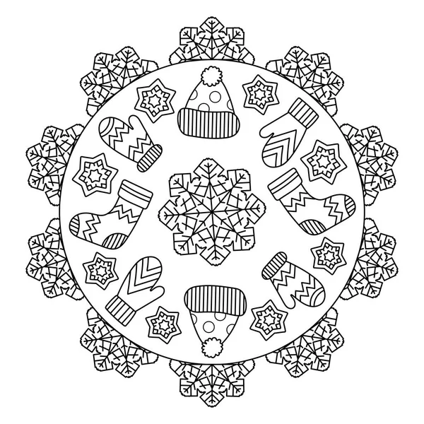 Coloring page mandala for kids. Winter coloring book with mittens, snowflakes, hat, socks. Vector illustration — Stock Vector