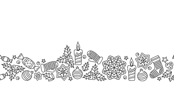 Borda horizontal Doodle sem costura desenhada à mão. Natal e elementos de Ano Novo. Desenhos animados festivos fundo. — Vetor de Stock