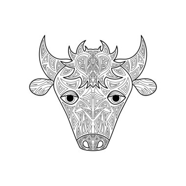 Yetişkinler ve çocuklar için boğa ya da inek boyama kitabı. Bir hayvan çizimi. Ürünlere gravür ya da baskı. El çizimi taslak Vektör illüstrasyonu