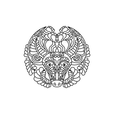 Boyama sayfaları. Elle çizilmiş inek, Koç. Astrolojik burç, yılın Çin sembolü. Renklendirme ve tebrik kartları için vektör yuvarlak bileşimi,