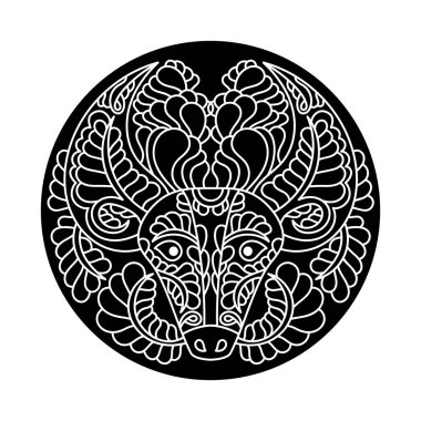 Elle çizilmiş inek, Koç. Astrolojik burç, yılın Çin sembolü. Tebrik kartları için vektör yuvarlak bileşimi.