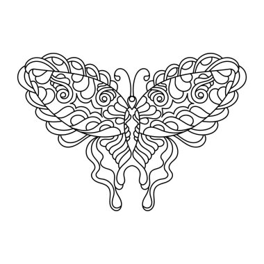 Kelebek. Yetişkinler ve büyük çocuklar için boyama kitapları. Tasarım, rahatlama ve meditasyon için el yapımı kelebek deseni. Vektör illüstrasyonu