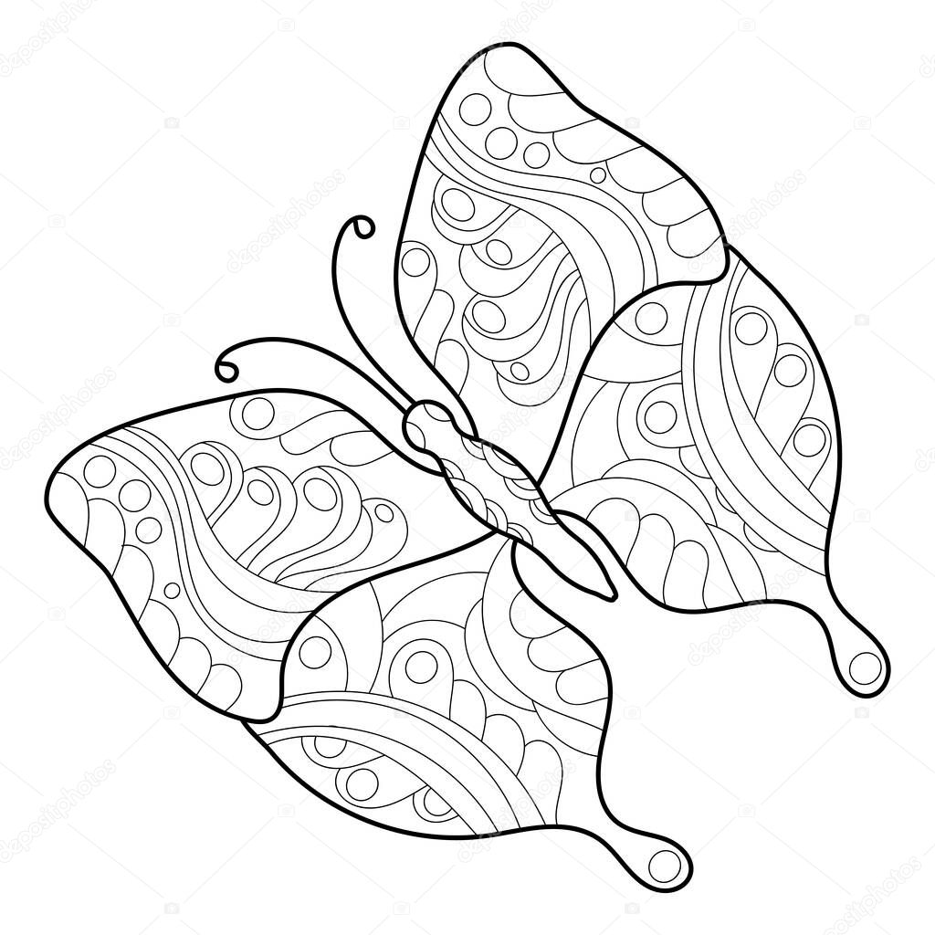 Butterfly. Page of coloring books for adults and older children. Hand-drawn butterfly pattern for design, relaxation and meditation. Vector illustration